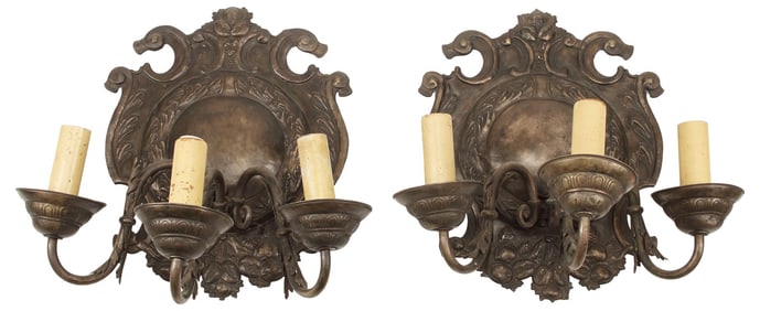 (2) SPANISH BAROQUE STYLE PATINATED BRASS 3-LIGHT WALL SCONCES