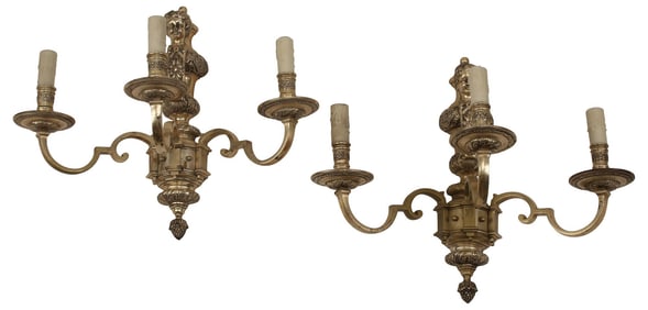 (2) REGENCE STYLE SILVER GILT 3-LIGHT WALL SCONCES