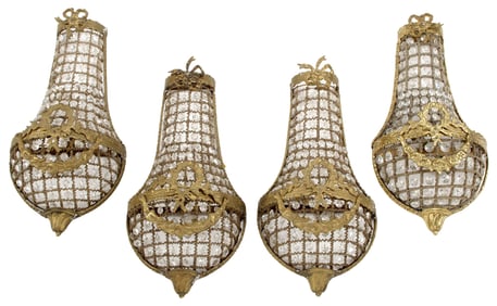(4) EMPIRE STYLE ORMOLU & CRYSTAL 1-LIGHT WALL SCONCES