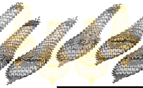 (4) EMPIRE STYLE ORMOLU & CRYSTAL 1-LIGHT WALL SCONCES: (lot of 4) Empire style gilt-bronze and crystal two-light wall sconces, wreath and ribbon motifs accented by floral swag, one lacking sockets and not currently electrified,&nbsp;all in need of wiring,