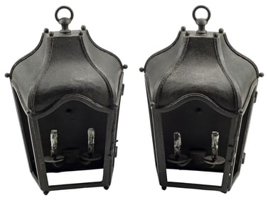 (2) DENNIS & LEEN (ATTRIB.) 'NAVARRE' PATINATED IRON 2-LT WALL SCONCES
