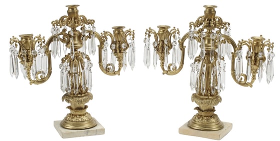(2) VICTORIAN GILT-METAL & CRYSTAL THREE-LIGHT MANTEL LUSTRES