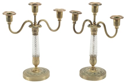 (2) EMPIRE STYLE ORMOLU & CUT-GLASS THREE-LIGHT CANDELABRA