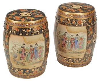 (2) SATSUMA STYLE PARCEL GILT PORCELAIN GARDEN SEATS