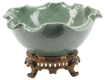 CHINESE CELADON-GLAZED LOTUS LEAF BOWL ON ORMOLU STAND