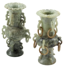 (2) CHINESE CARVED GREEN HARDSTONE GU-FORM VASES