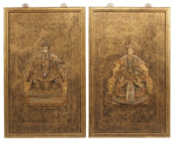 (2) CHINESE PARCEL GILT EMPEROR & EMPRESS FIGURAL WALL PLAQUES, 48"H