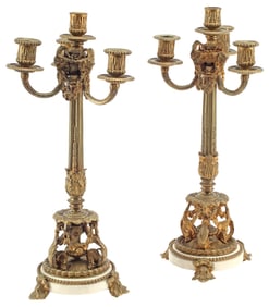(2) FRENCH LOUIS XVI STYLE ORMOLU & MARBLE FOUR-LIGHT CANDELABRA