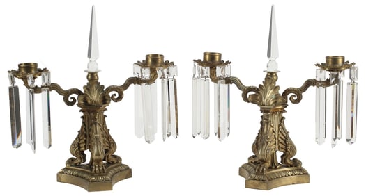 (2) VICTORIAN BRONZE & CRYSTAL TWO-LIGHT MANTEL LUSTRES
