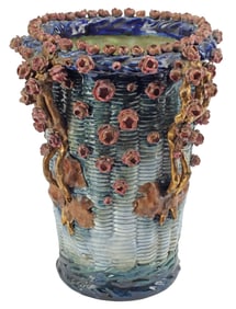 POLYCHROME MAJOLICA BASKETWEAVE FLORAL VASE