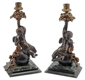 (2) CONTINENTAL GILT & PATINATED BRONZE FIGURAL CANDLESTICKS