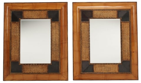(2) BAMBOO & WOVEN RATTAN FRAMED MIRRORS