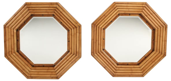 (2) SPLIT BAMBOO-FRAMED BEVELED WALL MIRRORS, 37.5"DIAM