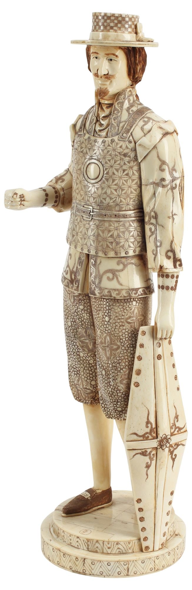 CARVED BONE-TILED OKIMONO MAN IN EUROPEAN DRESS: Carved bone-tiled figure of a gentleman in European dress, on integral stepped circular base, approx 20"h, 5.5"diam, 4.25lbs