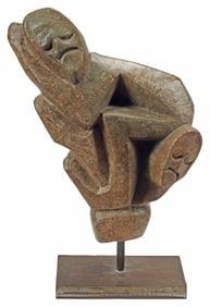 AFRICAN CARVED SOAPSTONE FIGURAL SHONA SCULPTURE ON IRON STAND