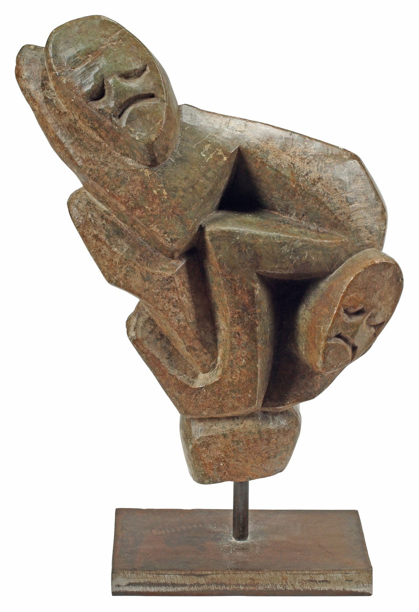 AFRICAN CARVED SOAPSTONE FIGURAL SHONA SCULPTURE ON IRON STAND (1 of 6)