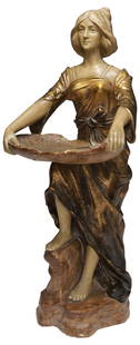AFTER BERNHARD BLOCH (1836-1909) ART NOVEAU BEAUTY WITH LILY PAD, 26"H: Art Nouveau parcel gilt ceramic sculpture, Beauty with Lily Pad, after Bernhard Bloch (Czech, 1836-1909), stamped underside B.B. 7546, approx 26"h, 10.75"w, 11"d,