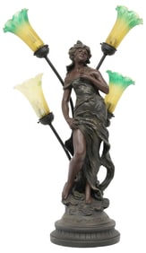ART NOUVEAU STYLE CAST & ART GLASS FIGURAL 4-LT TABLE LAMP