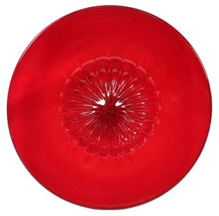 VITTORIO ZECCHIN (ATTRIB) SOFFIATO RUBY RED GLASS CENTERPIECE BOWL 24": Murano blown glass centerpiece bowl, design attributed to Vittorio Zecchin (Italian, 1878-1947), transparent ruby red color, melon-ribbed center depression, apparently unmarked, approx 4.25"h,