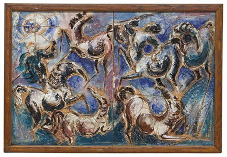 LARGE MID-CENTURY MODERN GLAZED CERAMIC RELIEF PLAQUE: Mid-century modern glazed pottery relief plaque, comprised of two panels, signed lower right, depicting horses with riders, intact with restorations, small chips and glaze losses, sight: approx 2