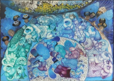 SIGNED SURREALIST STYLE ACRYLIC PAINTING, 'FESTIVITY IN HEAVEN'