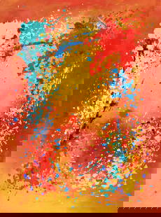D. SIMMS (20TH C.) ABSTRACT ACRYLIC PAINTING, 40" X 30": Framed acrylic on canvas painting, &quot;Celebration,&quot; titled and signed verso D. Simms, sight: approx 40&quot;h, 30&quot;w, overall: 41.5&quot;h, 31.5&quot;w, 9.25lbs