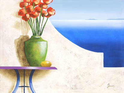 SIGNED JASON PAINTING VASE OF RED FLOWERS & LEMON, 36" X 48": Framed acrylic on canvas painting, Vase of red flowers and a lemon on a table, signed lower right Jason (20th c.), inscribed verso 6532E 96/ 65 329,&nbsp;sight: approx 36&quot;h, 48&quot;w, overall: 3