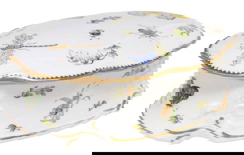 ANNA WEATHERLEY HAND-PAINTED INSECT MOTIF PORCELAIN VANITY BOX: Anna Weatherley Designs hand-painted porcelain vanity/ dresser box, having domed lid with parcel-gilt trim, above conforming scalloped body, with various hand-painted butterflies, insects, and floral
