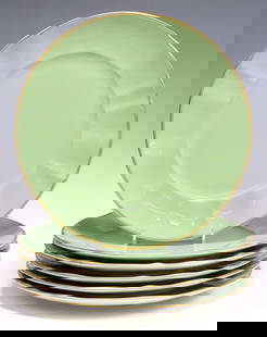 (6) ANNA WEATHERLEY PARCEL-GILT GREEN PORCELAIN CHARGERS: (lot of 6) Anna Weatherley Designs parcel-gilt porcelain chargers, each having scalloped gilt rim, solid green ground, maker&#39;s mark underfoot, approx 12.75&quot;diam, 17.5lbs total&nbsp;**Provenan