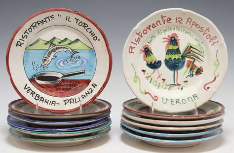 (12) RISTORANTE DEL BUON RICORDO HAND-PAINTED CERAMIC PLATES: (lot of 12) Italian hand-painted ceramic plates, Ceramica Artistica Solimene, Ristorante del Buon Ricordo, varied designs, (one) intact with hairline at rim, approx 9&quot;diam; 13.5lbs total