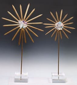 (2) CONTEMPORARY CRYSTAL & GILT METAL STARBURST SCULPTURES, 36"H