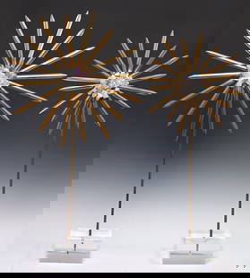 (2) CONTEMPORARY CRYSTAL & GILT METAL STARBURST SCULPTURES, 36"H: (lot of 2) Contemporary gilt metal and crystal sunburst sculptures, each having central cluster of various geological specimens, in fanned surround, rising on cylindrical standard and colorless acryli