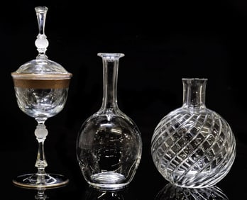 (3) BACCARAT VASE & DECANTER & CZECH GLASS COVERED GOBLET