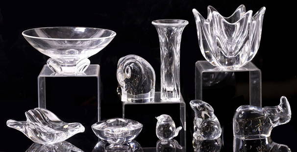(9) STEUBEN, BACCARAT & ORREFORS GLASS GIFTWARE: (lot of 9) Glass giftware, including: (1) colorless lead glass "floret" bowl, Donald Pollard (American, 1924-1994) for Steuben Glass, Inc., model 8059, tapered bowl with three applied oval p