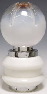 MAZZEGA ITALIAN MID-CENTURY MODERN GLASS TABLE LAMP: Italian mid-century modern table lamp, Mazzega, c.1960s, molded glass globe concealing a single light, opaque white glass base with chrome-plated steel collar, in need of wiring, approx 18.5"h, 9.75"d