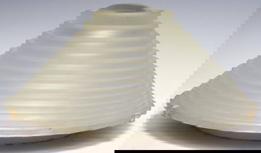 ANGELO MANGIAROTTI ARTEMIDE 'EGINA' FLUSH MOUNT CEILING LIGHT: Italian modern "Egina" ceiling lamp, Angelo Mangiarotti (Italian, 1921-2012) for Artemide, c.1970s, sandblasted stepped concentric glass shade, with a clear glass magnifying lens at center,