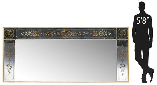 FRENCH GILTWOOD PARCEL-GILT REVERSE-PAINTED OVERMANTEL MIRROR, 91"L