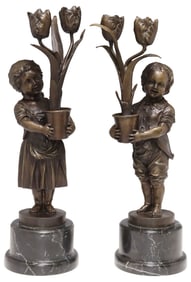 (2) ART NOUVEAU STYLE PATINATED BRONZE CHILDREN CANDELABRA, 19.5"H