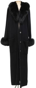 LADIES BUONUOMO BLACK FUR-LINED CASHMERE DUSTER JACKET: Ladies designer fur-lined cashmere duster jacket, Buonuomo, retailed by Julian Gold, San Antonio, Texas, with black-dyed fur collar and cuffs, likely mink, ribbed cashmere body with dual exterior pock