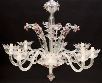 ITALIAN MURANO COLORLESS & MULTICOLOR ART GLASS 8-LT CHANDELIER