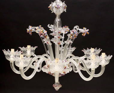 ITALIAN MURANO COLORLESS & MULTICOLOR ART GLASS 8-LT CHANDELIER: Italian Murano glass eight-light chandelier, 20th c., colorless turned central standard mounted with molded foliates, encircled by stems ending in polychrome pulled art glass florals, issuing twisted