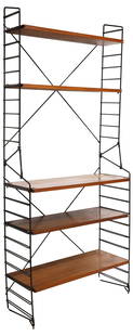 ITALIAN MID-CENTURY MODERN TEAK BOOKSHELF: Italian mid-century modern teak single-unit bookshelf, c.1960s, comprising (five) graduated open shelves, on laddered black steel supports, approx 70"h, 30.5"w, 12.5"d