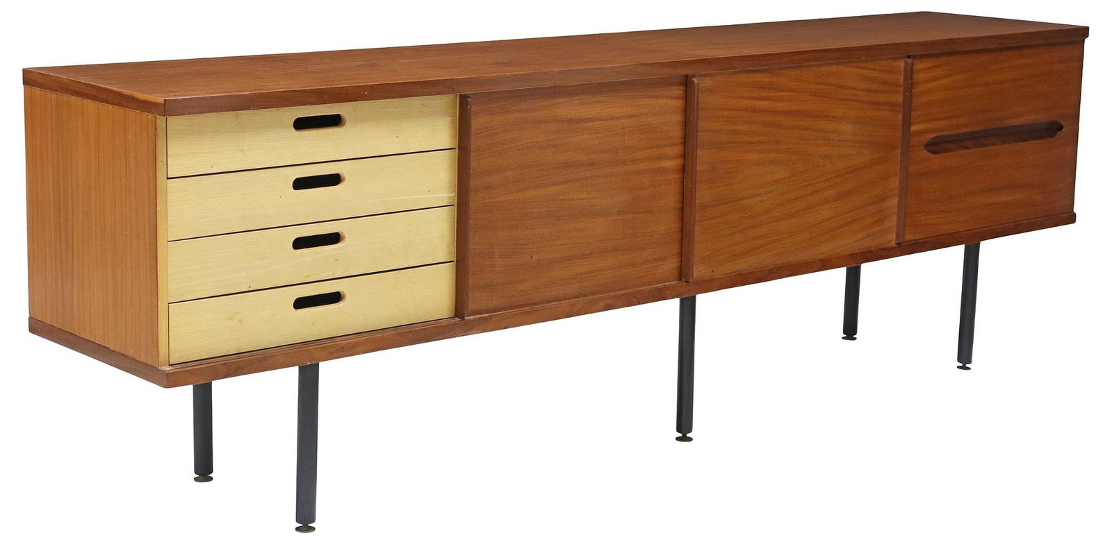 ITALIAN MID-CENTURY MODERN TEAK SIDEBOARD: Italian mid-century modern teak sideboard, c.1960s, the right side with two deep drawers, flanked by three sliding doors, the far left side with four interior drawers, on tubular steel legs with level