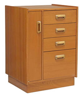 MID-CENTURY MODERN TEAK CHEST OF DRAWERS WITH FILING CABINET: Mid-century modern teak chest of drawers/ filing cabinet, c.1960s, rectangular case fitted with narrow cabinet door, revealing shelved interior, beside four drawers, rising on platform base, approx 32