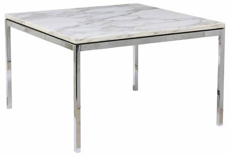 FLORENCE KNOLL (ATTRIB) MARBLE SQUARE END TABLE: Modernist square end table, attributed to Florence Knoll (American, 1917-2019) for Knoll, white marble top, chrome-plated steel frame, apparently unmarked, approx 17&quot;h, 27&quot;w, 27&quot;d