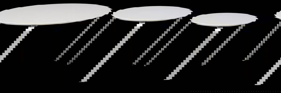 (3) JORGEN MOLLER NEST SERIES GRADUATED SIDE TABLES: (lot of 3) Scandinavian modern graduated side tables, attributed to Jorgen Moller (Danish, 1930-2009) for DePadova, late 20th c., white laminate circular top, on three aluminum legs, apparently unmark