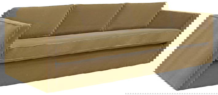MODERNIST KNOLL PFISTER (ATTRIB) THREE-SEAT SOFA: Modernist three-seat sofa, attributed to Charles Pfister (American, 1939-1990) for Knoll, c.1970s, in custom mohair upholstery, three loose back cushions, single bench seat cushion, on short chrome-pl