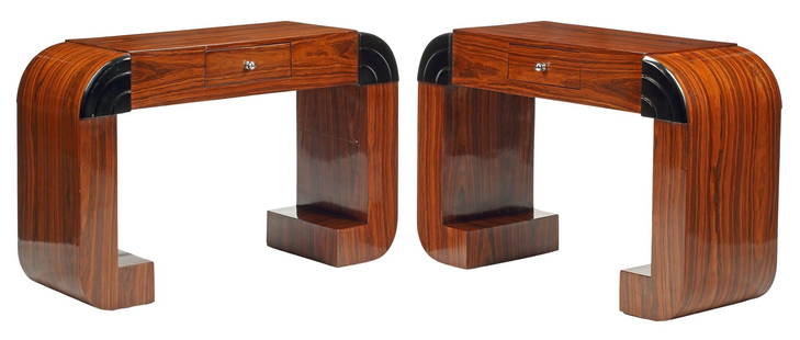 (2) ART DECO STYLE 1-DRAWER CONSOLE TABLES: (pair) Art Deco style console tables, each with a single frieze drawer, approx 30&quot;h, 44&quot;w, 16.5&quot;d