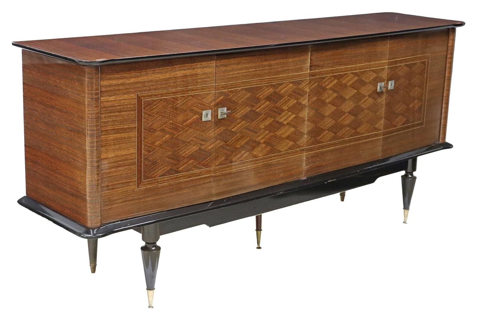 FRENCH MID-CENTURY MODERN MAHOGANY SIDEBOARD: French mid-century modern mahogany sideboard, c.1960s, of rectangular form with a slightly bowed front, two pairs of cabinet doors with diamond parquetry, the right side interior with two drawers, the