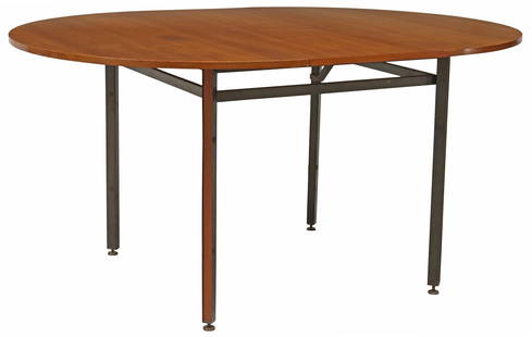 ITALIAN MID-CENTURY MODERN TEAK EXTENDING DINING TABLE: Italian mid-century modern teak dining table, c.1960s, round tabletop, self-storing butterfly leaf, steel and teak legs, on leveling feet, approx 31&quot;h, 47&quot;diam, extended: approx 63&quot;l, f